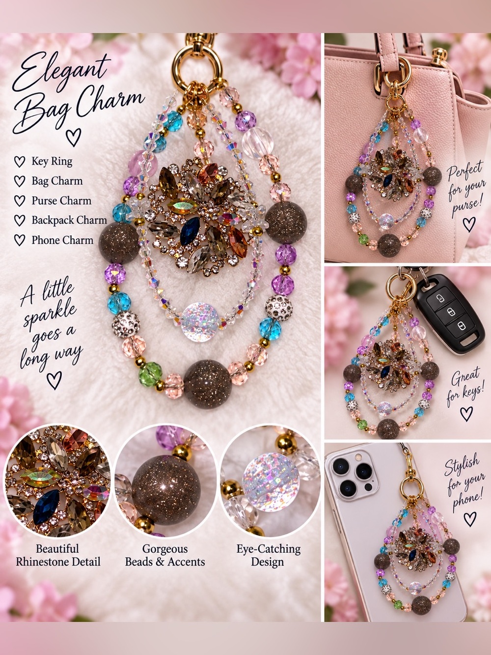 Beaded Crystal Bag Charm Keyring phone wristlet- Pink Multicolor